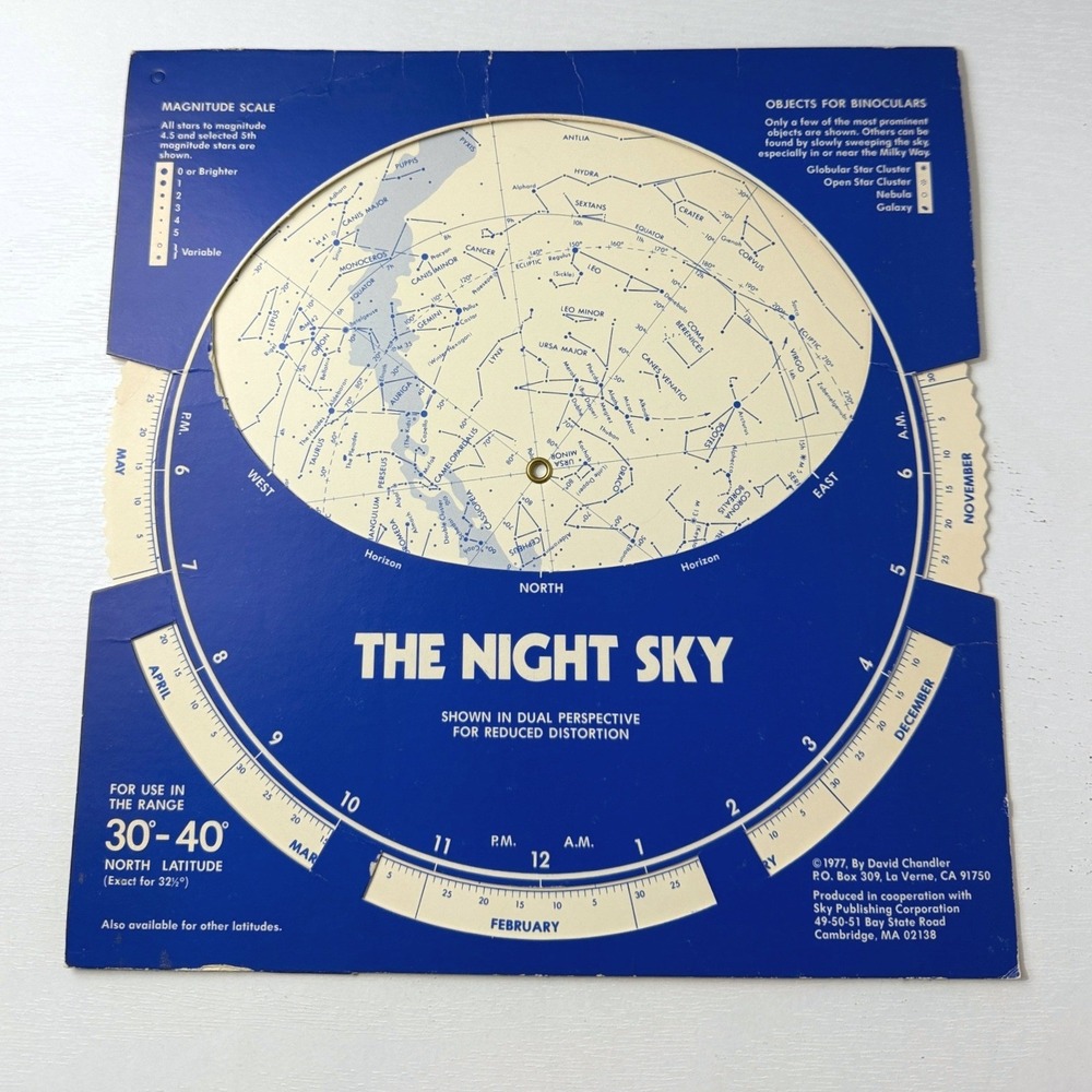Vintage Planisphere Star Chart Night Sky Blue Chandler 30-40 North Latitude